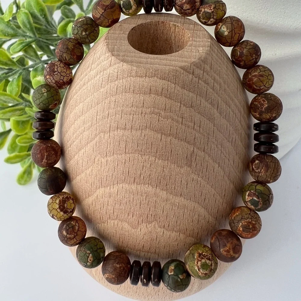 Earth Tones Tibetan Matte Agate Stretch Beaded Bracelet